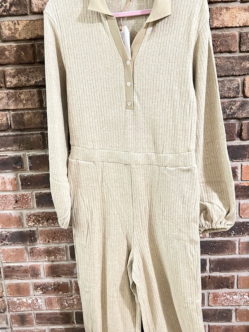 Free the Roses Beige Ribbed Long-Sleeve Jumpsuit